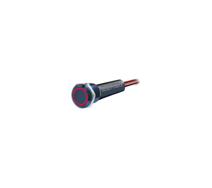 BOCATECH SWITCH BTASMTSW-L/MR MOMENTARY 12V RED LED BLACK ANODIZED ALUMINIUM PROGRAMMABLE (AT 5,10,15,20A) RESETTABLE PUSH BUTTON